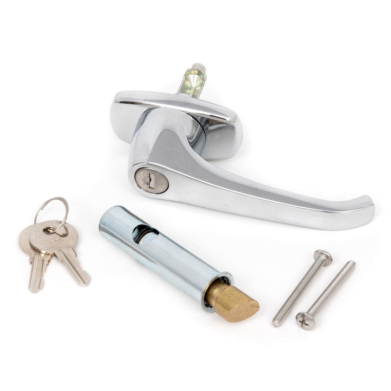 L Handle and Latch Set, Chrome Locking ADA Approved Reverse Mounting Handle with V- Spindle, Round Bolt/Plunger Latch with Keys and Hardware for Trash Chute and Linen Chute Doors - Free Ground Shipping - Oswald Supply
