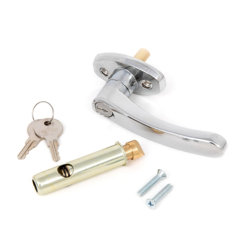 L Handle and Latch Set, Chrome Locking ADA Approved with V- Spindle, Round Bolt/Plunger Latch, Midland Style with Keys and Hardware for Trash Chute and Linen Chute Doors - Free Ground Shipping - Oswald Supply